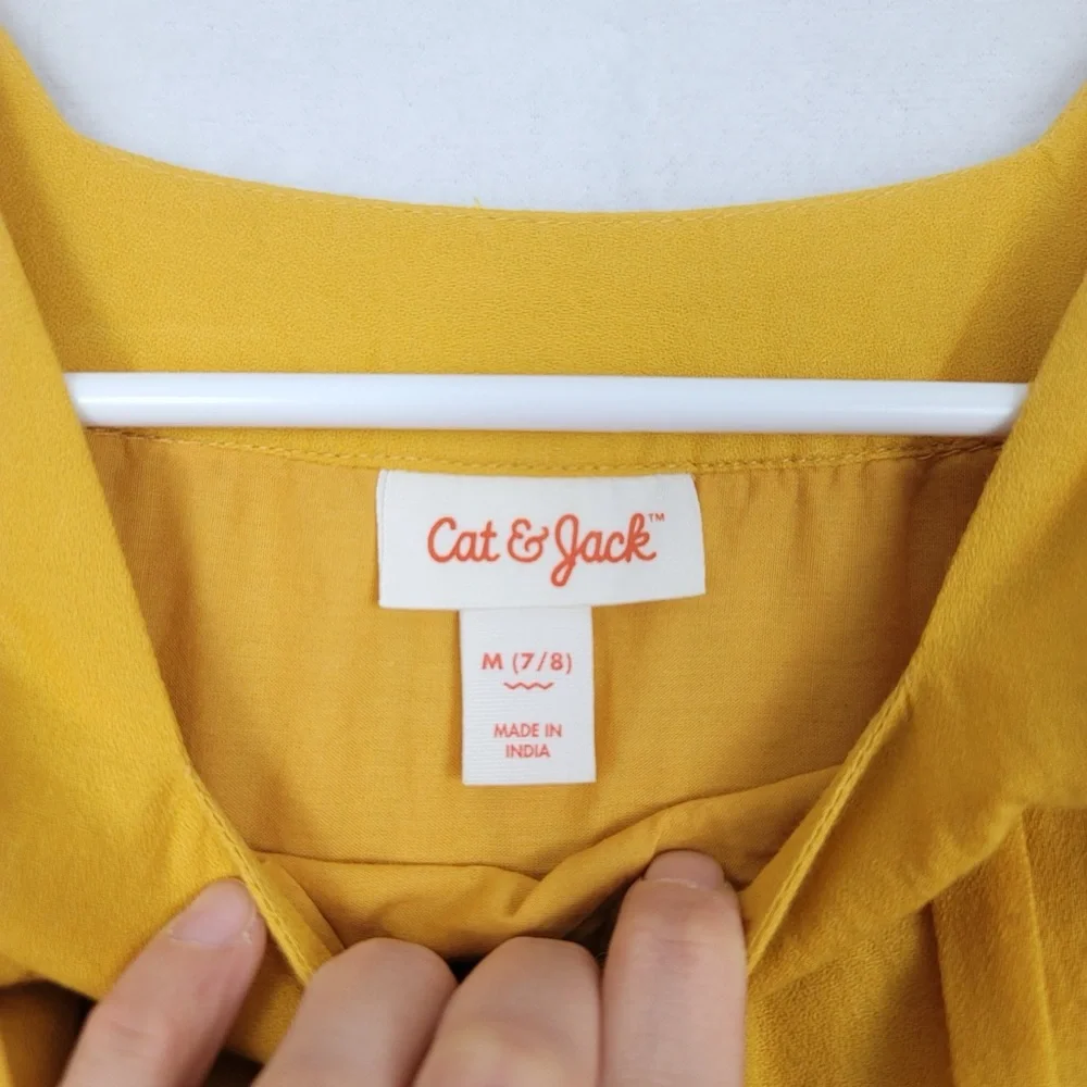 Cat & Jack 7/8 Mustard Yellow Eyelet Ling Sleeve Dress 100% Cotton